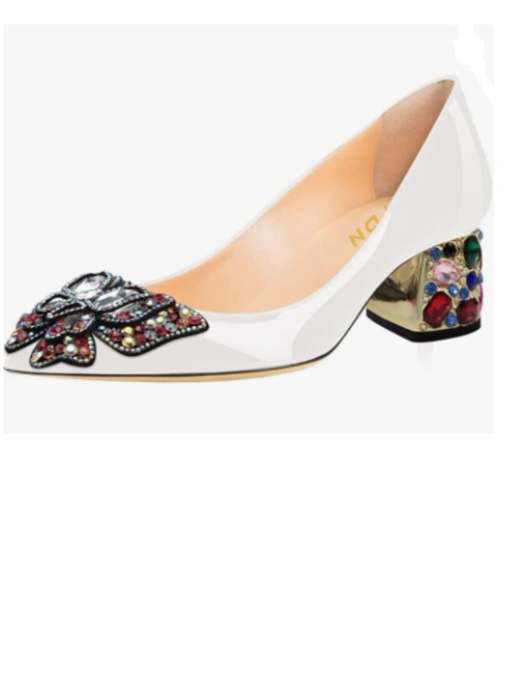 YDN White Pointed Toe Bow Pump Colorful Rhinestone Block Low Heel Butterfly Shoe